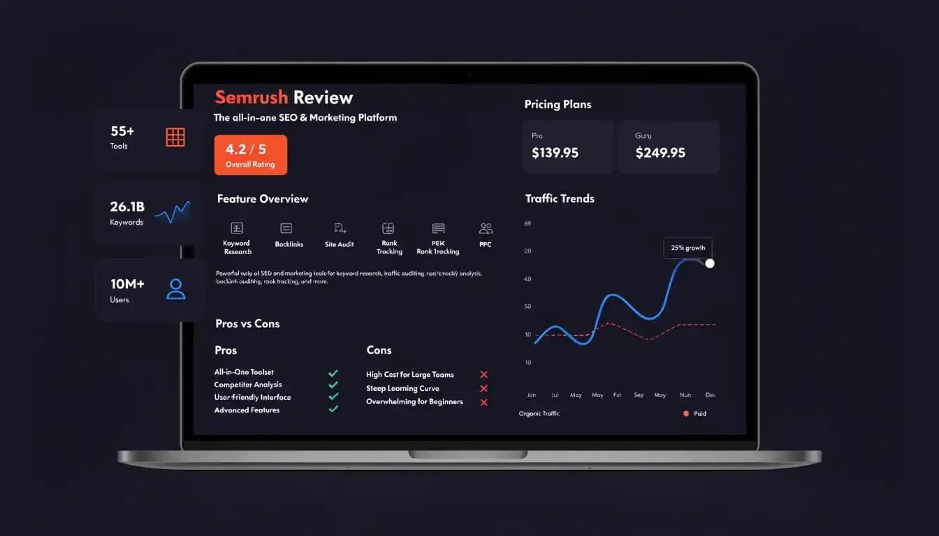 Semrush review 2026 platform dashboard mockup showing 4.2/5 rating, 55+ tools overview and pricing plans