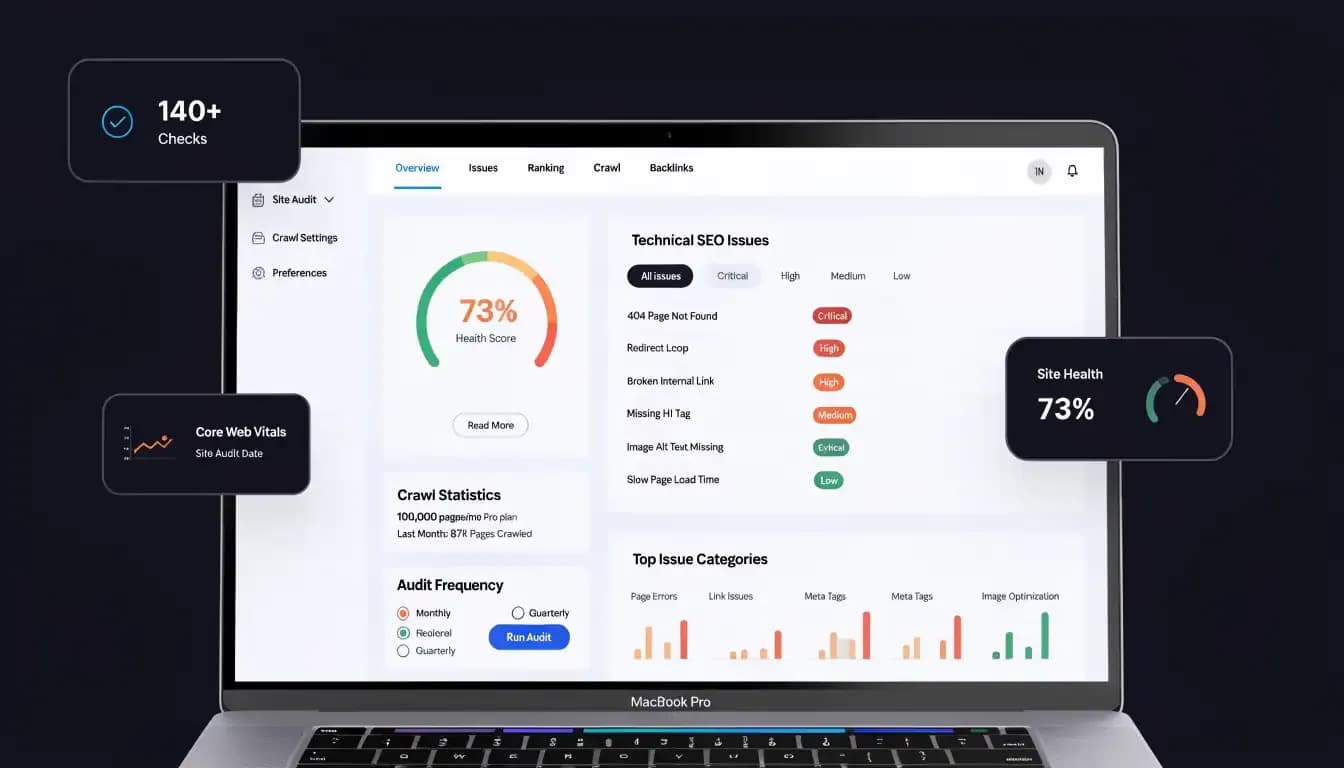 Semrush Site Audit tool 2026 dashboard showing site health score 73% and technical SEO issues