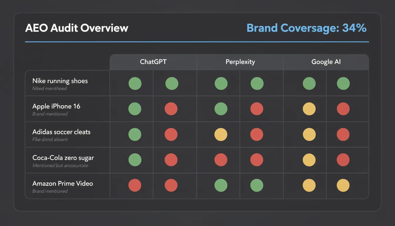 AEO audit dashboard showing brand coverage across ChatGPT, Perplexity, Claude, and Google AI in 2026