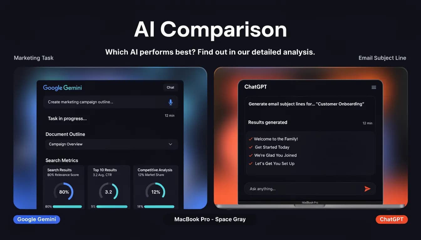 Gemini vs ChatGPT side-by-side dark SaaS dashboard comparison for marketing tasks
