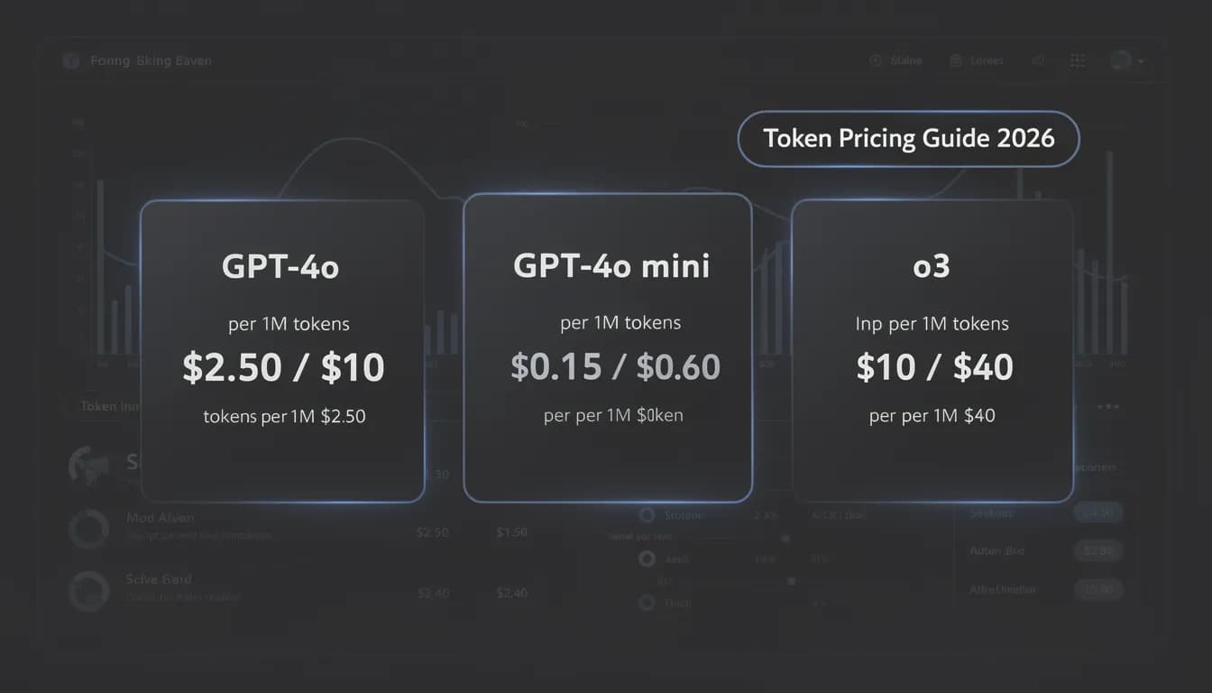 OpenAI API pricing tiers comparison 2026 — GPT-4o, GPT-4o mini, and o3 model cost breakdown on dark background