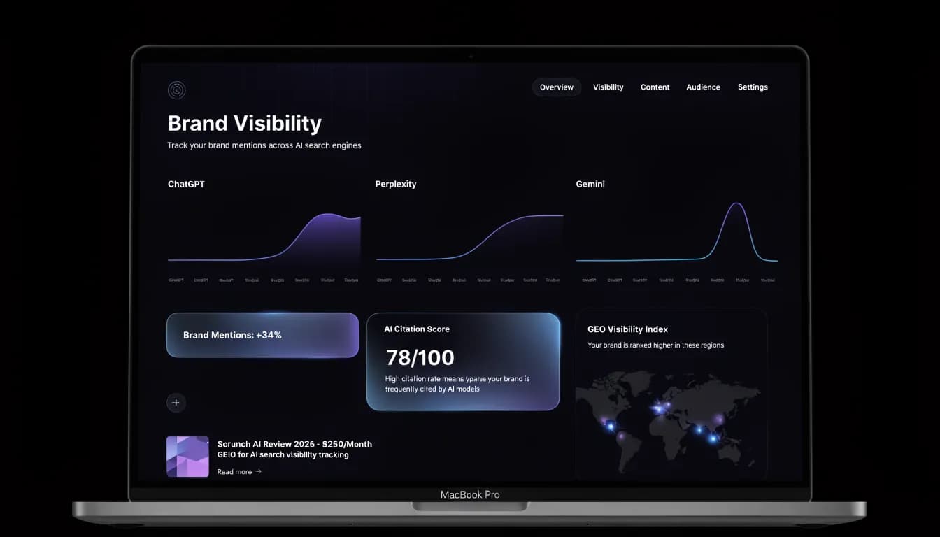 Scrunch AI Review 2026 — GEO monitoring tool dashboard showing brand citation tracking across ChatGPT, Perplexity, and Gemini