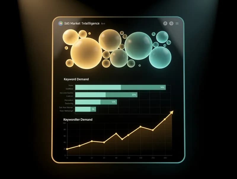 AI market research tool dashboard showing market demand, competitive landscape, and trending topics in a dark SaaS interface