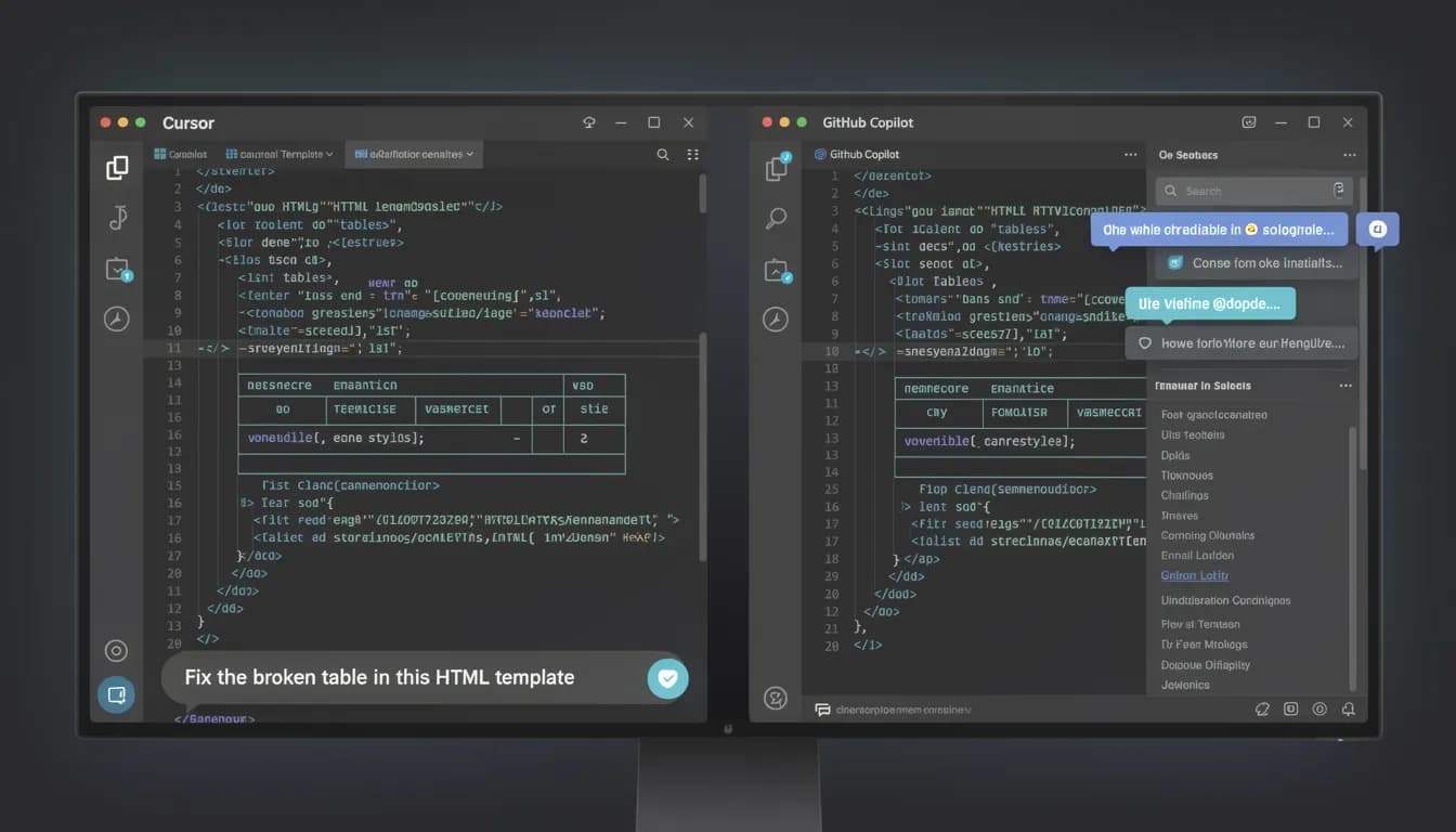 Cursor vs GitHub Copilot 2026 — Side-by-side UI comparison in a marketing workflow context showing HTML email template editing and script automation