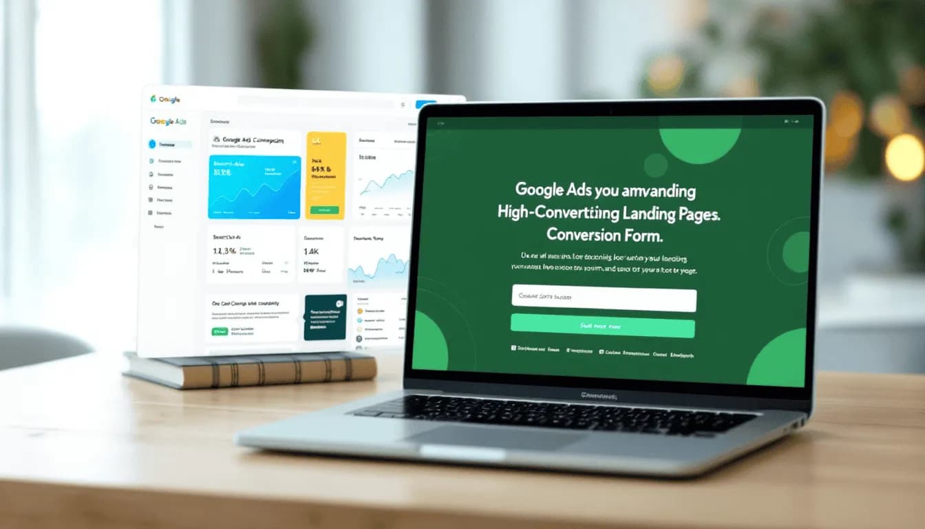 Split screen showing a Google Ads campaign on the left and a high-converting landing page on MacBook Pro on the right