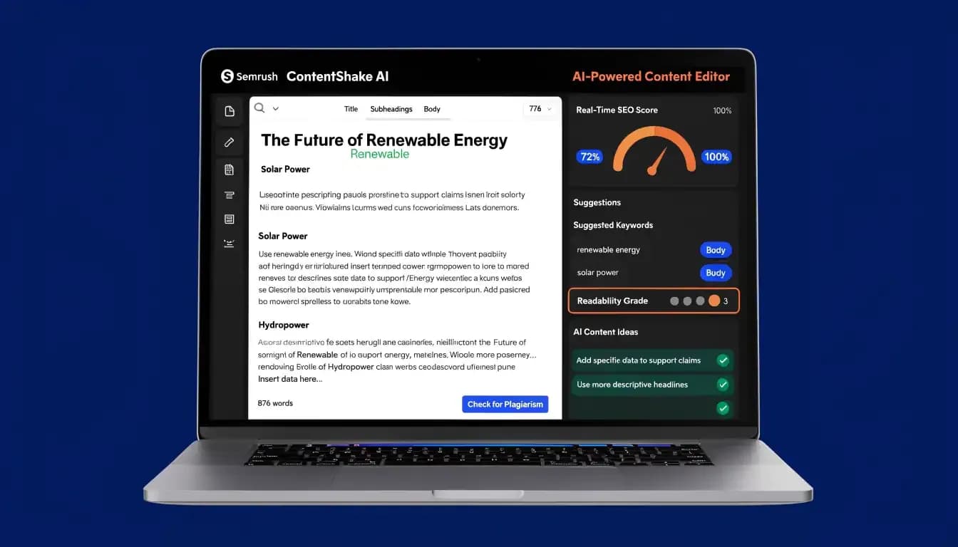 Semrush ContentShake AI content editor interface showing AI writing assistant, SEO score meter and keyword suggestions|Semrush ContentShake AI Review 2026 — Is the Add-On Worth $60/Month?