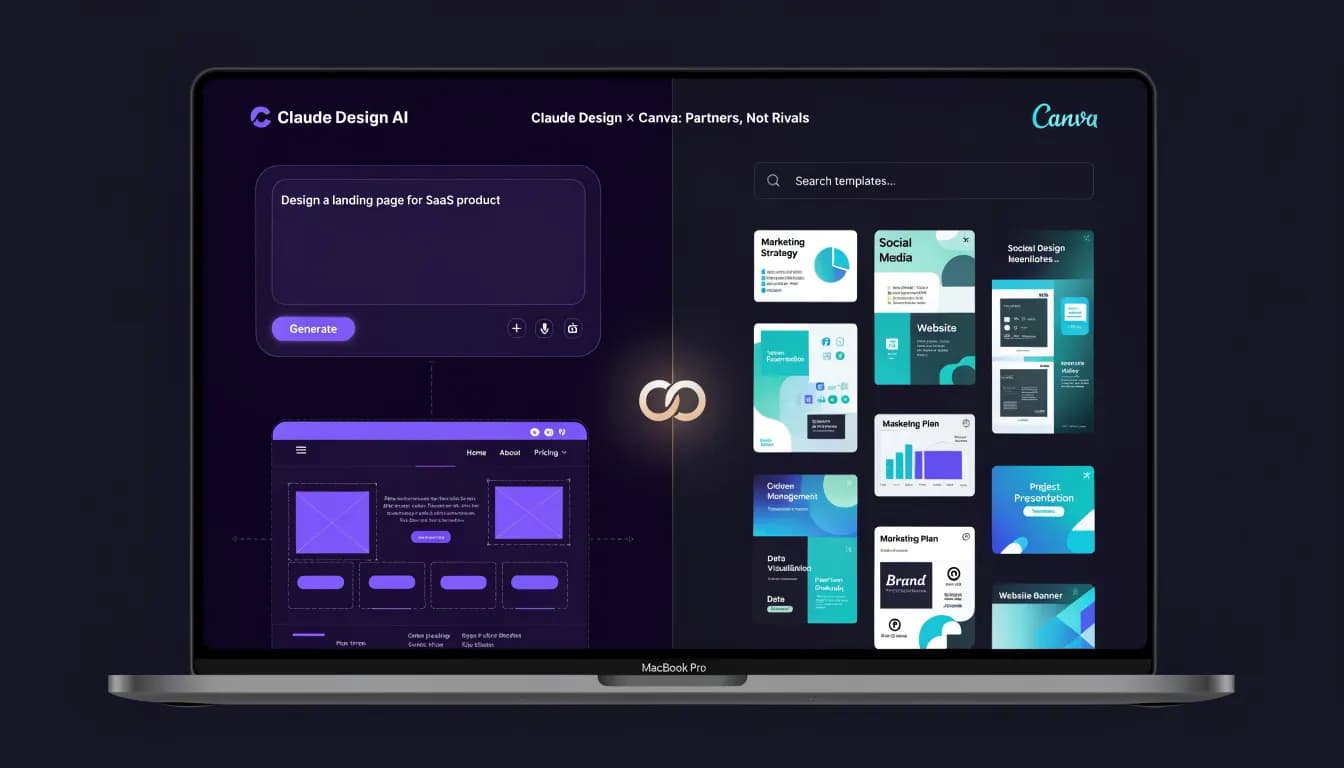 Claude Design vs Canva comparison 2026 — split-screen partnership overview