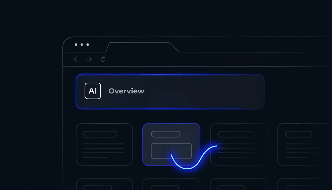 Google AI Overviews citation illustration 2026 — dark SaaS editorial illustration of an AI Overview panel with glowing blue citation link selecting a source page