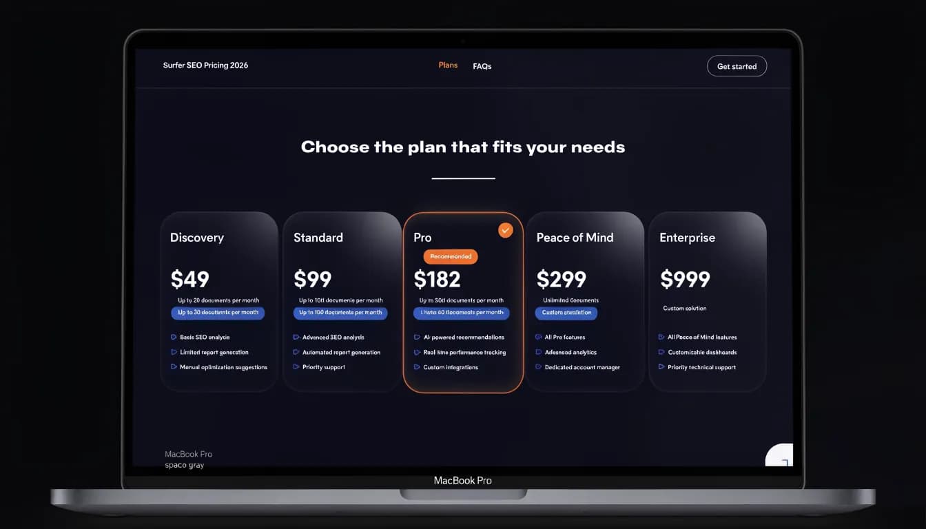 Surfer SEO pricing plans 2026 — dashboard comparison of Discovery, Standard, Pro and Peace of Mind tiers on a dark SaaS interface