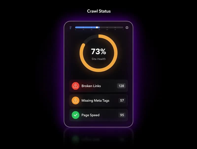 Technical SEO Audit Tool — floating site health score ring and stacked diagnostic issue cards, dark background, purple spotlight